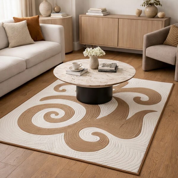 Tapis Shyrdak Baldak beige camel en situation