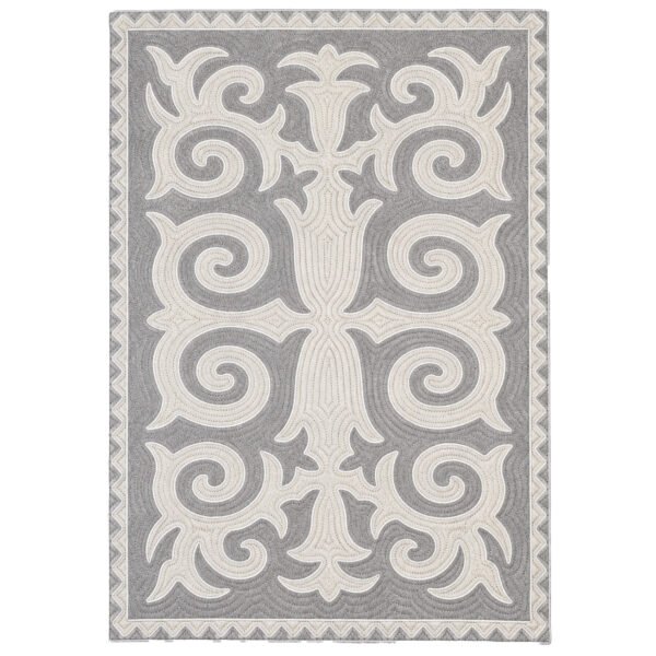Tapis shyrdak Hospitalité gris et blanc en feutre de laine, motif central Kochkorak et bordure dentelée